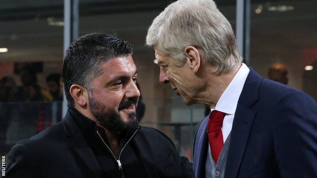 Milan boss Gennaro Gattuso greets Arsenal counterpart Arsene Wenger before kick-off