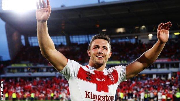 Sam Burgess celebrates the win over Tonga in Auckland