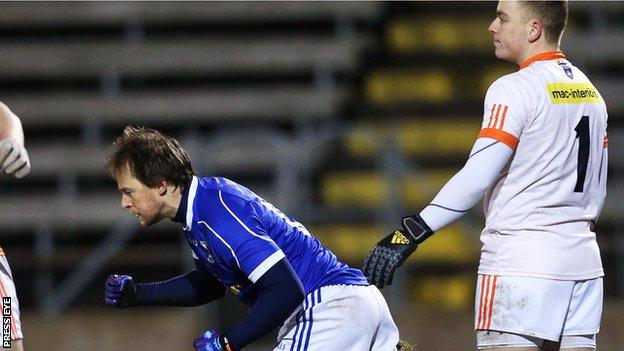 Cavan forward Seanie Johnston celebrates his early goal against Armagh at Breffni Park