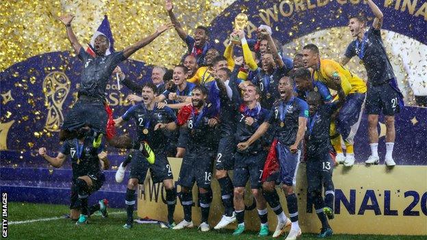 France celebrate winning the World Cup in Russia in 2018