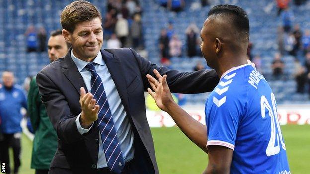 Steven Gerrard and Alfredo Morelos