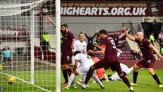 Hearts players celebrate their second goal as Callum Paterson's effort is deflected in off Infonet's Andrei Kalimullin