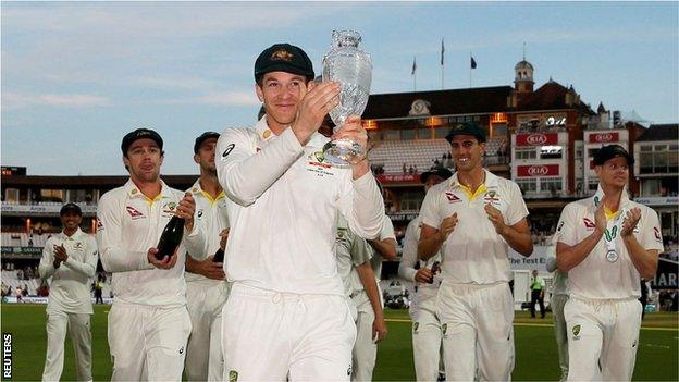 Tim Paine with the Ashes trophy in 2019