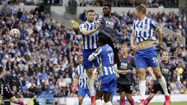 Wilfred Ndidi's header was ruled out after Harvey Barnes (left of picture, out of shot) was adjudged offside