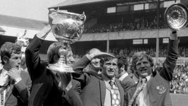 Alan Durban celebrates Derby's 1973 title triumph with team-mates