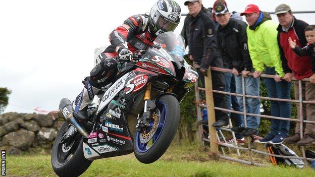 Michael Dunlop takes to the air on his way to victory in Saturday's Supersport race at Armoy