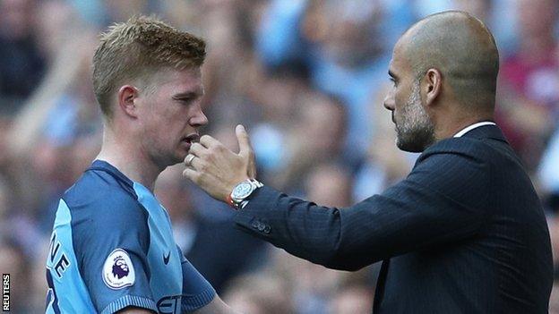 Man City midfielder Kevin de Bruyne and manager Pep Guardiola