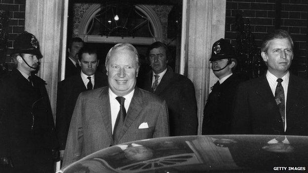 Sir Edward Heath leaves 10 Downing Street to resign after losing the 1974 general election