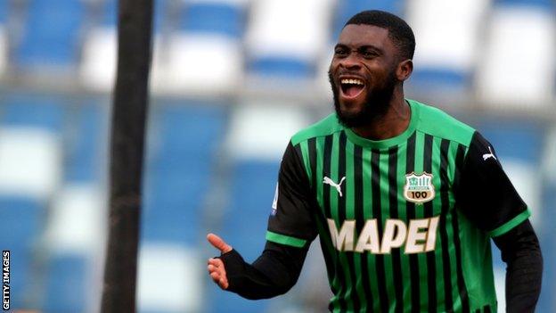 Ivory Coast's Jeremie Boga celebrates a goal for his Italian club Sassuolo