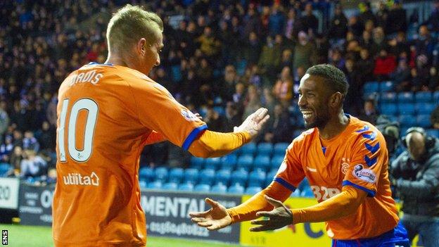 Rangers' Steven Davis and Jermain Defoe celebrate against Kilmarnock