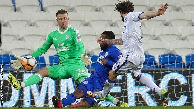 Cardiff City repel a Mansfield attack in the FA Cup match