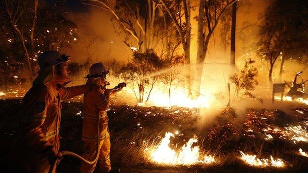 Firefighters try to control a bushfire