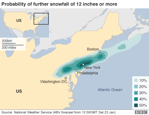 Map showing snowfall across US