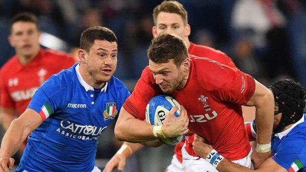 Wales centre Owen Watkin tries to break through Italy's defence