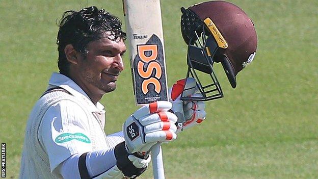 Kumar Sangakkara reaches his century for Surrey against Essex