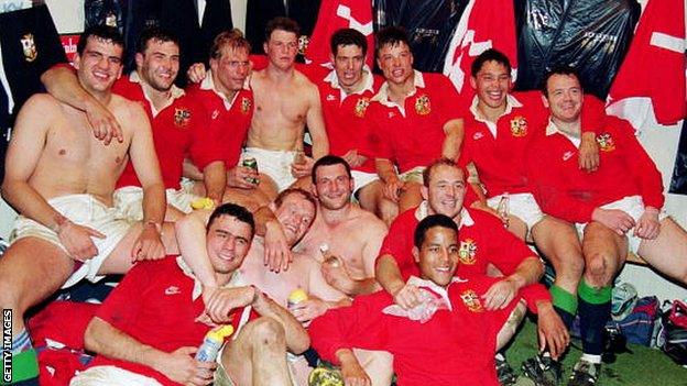 The British & Irish Lions celebrate victory over New Zealand in the second Test in 1993