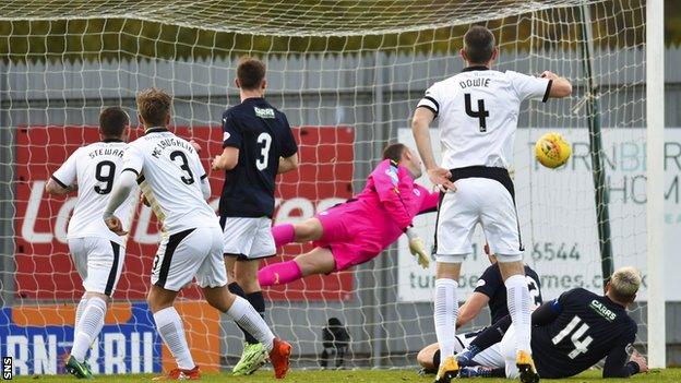 Dumbarton's Chris McLaughlin scores against Raith Rovers