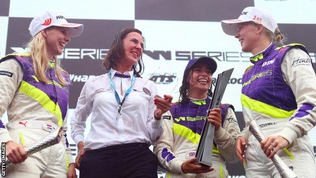 W Series CEO Catherine Bond Muir (second left) on the podium with Jamie Chadwick, Beitske Visser and Alice Powell