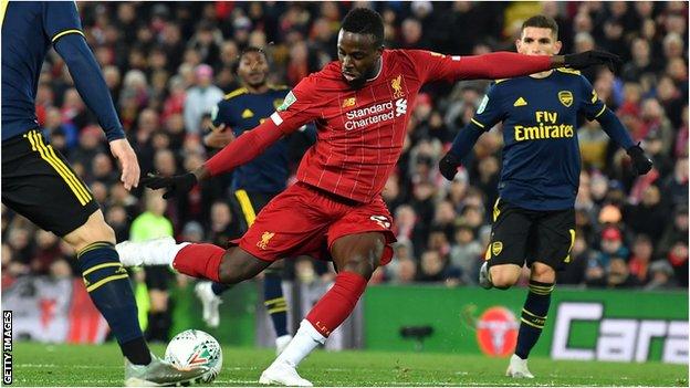 Origi scoring against Arsenal at Anfield in the League Cup fourth round, October, 2019.