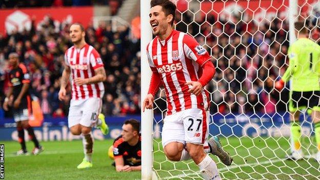 Stoke City's Bojan Krkic celebrates scoring against Manchester United