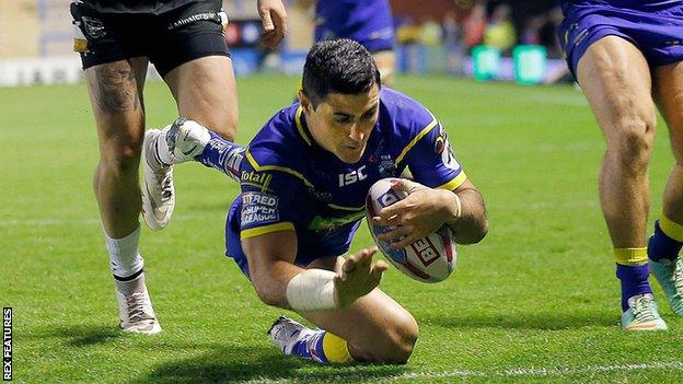 Warrington's Bryson Goodwin goes over to complete his hat-trick