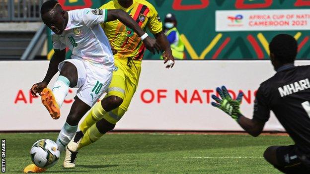 Sadio Mane shoots at goal for Senegal