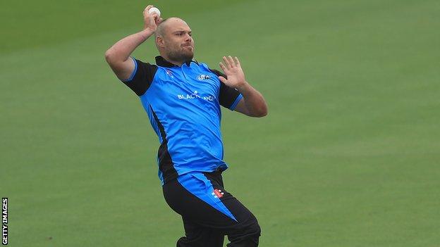 Joe Leach bowls for Worcestershire against Nottinghamshire at Trent Bridge