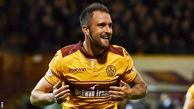 Peter Hartley celebrates scoring for Motherwell against Aberdeen