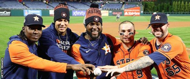 Rafael Montero, Bryan Abreu, Cristian Javier, Christian Vazquez and Ryan Pressly celebrate Houston's no-hitter