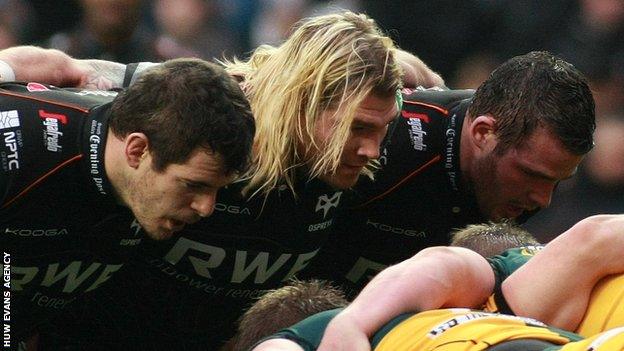 Aaron Jarvis, Richard Hibbard and Ryan Bevington pack down for Ospreys against Northampton in January, 2014