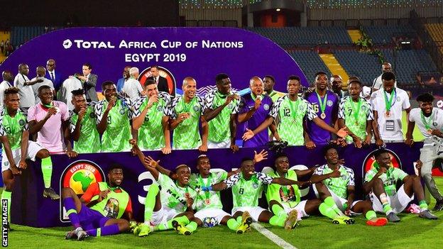 Nigeria celebrate finishing third at that the 2019 Africa Cup of Nations in Egypt