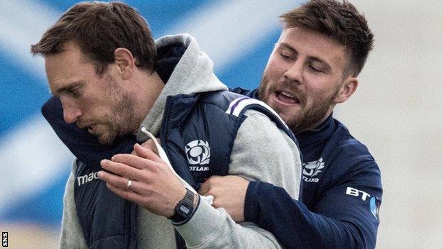 Scotland scrum-half Ali Price with skills coach Mike Blair