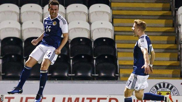 Stevie Mallan (left) celebrates scoring for Scotland against Netherlands