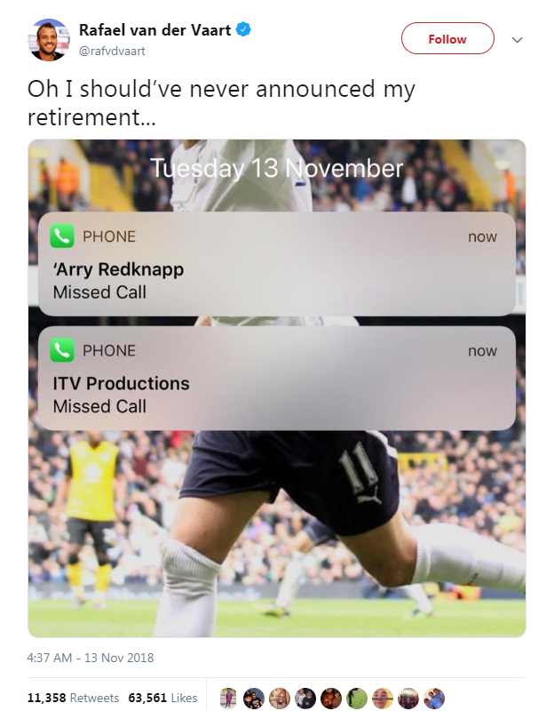 Van der Vaart tweet showing a missed call from Harry Redknapp and ITV