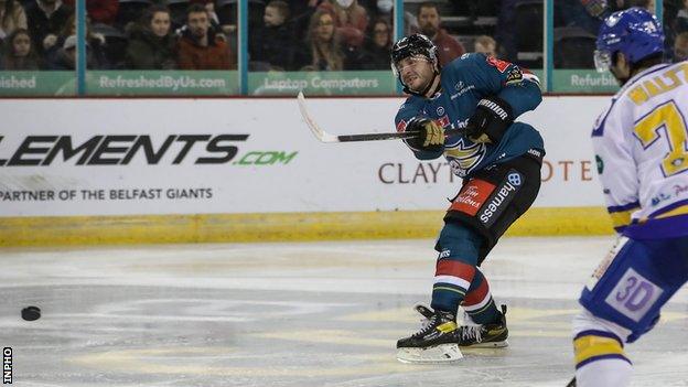 JJ Piccinich fires in Belfast's second goal against the Flyers