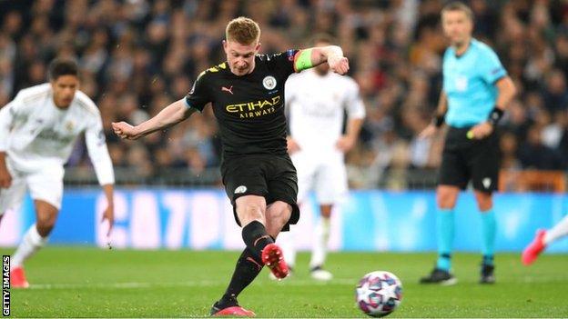 Kevin de Bruyne scored a penalty in Manchester City's 2-1 away win over Real Madrid in the first leg of their last-16 Champions League tie in February