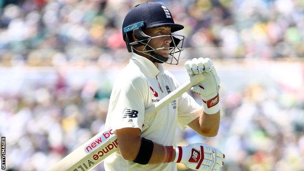 England captain Joe Root walks off after being dismissed at Perth