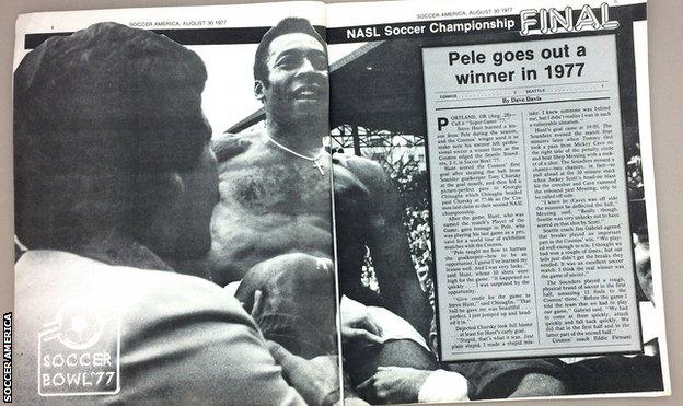 Soccer America magazine spread on Pele's final game - the 1977 Soccer Bowl