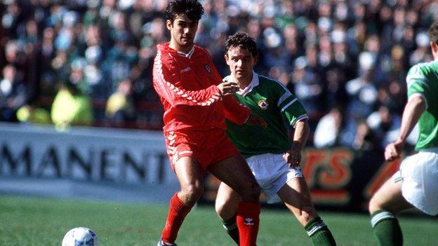 Malcolm Allen in action for Wales in 1990