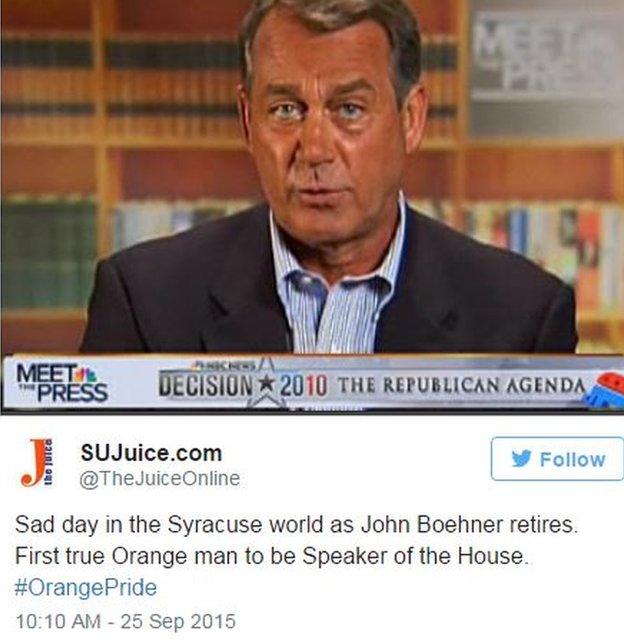 Tweet by @TheJuiceOnline: Sad Day in the Syracuse world as John Boehner retires. First true Orange man to be Speaker of the House.