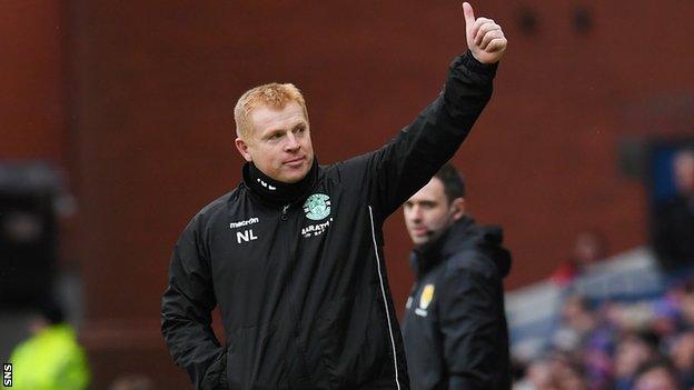 Hibernian manager Neil Lennon celebrates winning at Ibrox