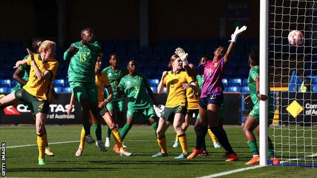 Clare Polkinghorne (far left) scores Australia's third goal in their friendly win over South Africa