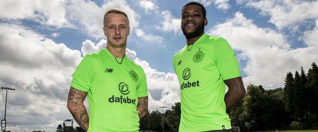 Celtic's Leigh Griffiths and Olivier Ntcham model the club's new third kit