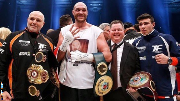 Tommy Fury (right) on the night Tyson beat Wladimir Klitschko in Germany in 2015