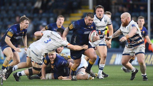 Marc Thomas with the ball for Worcester against Bristol this season