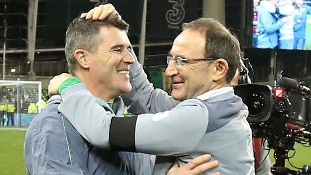 Roy Keane and Martin O'Neill celebrate the Republic of Ireland's qualification for Euro 2016 after Monday's victory over Bosnia-Herzegovina