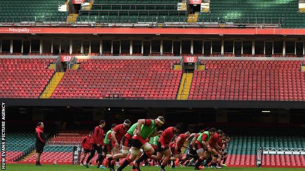 Wales players training at the Principality Stadium this week