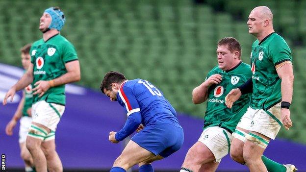 France full-back Brice Dulin celebrates at the final whistle after France completed a deserved 15-13 win in Dublin