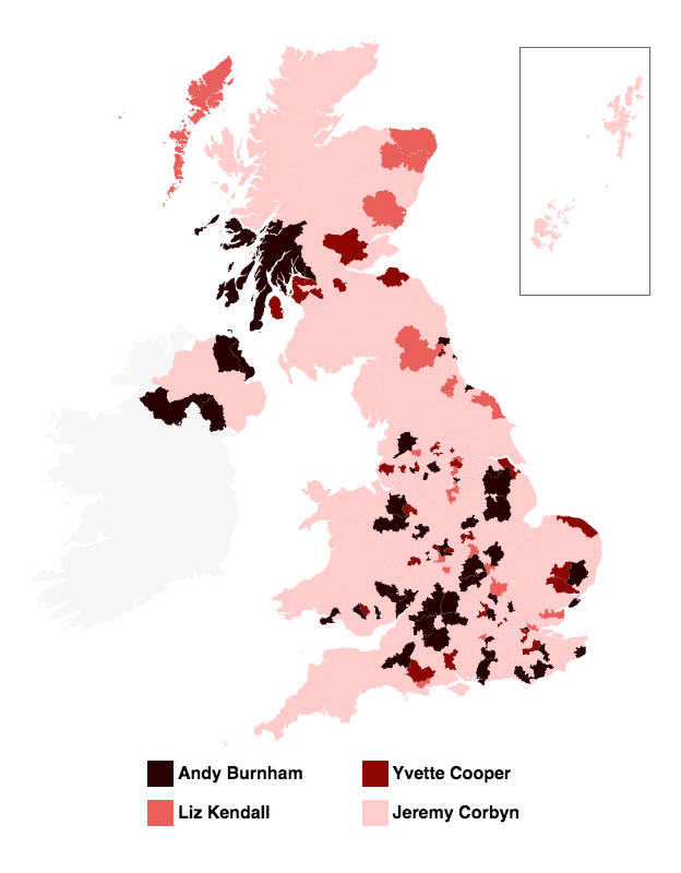 Map of most searched Labour leadership candidates by constituency