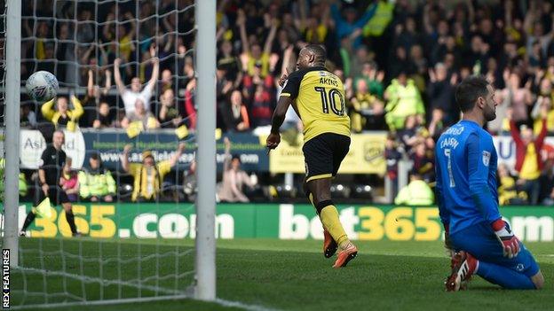 Lucas Akins scores Burton's third goal against Derby